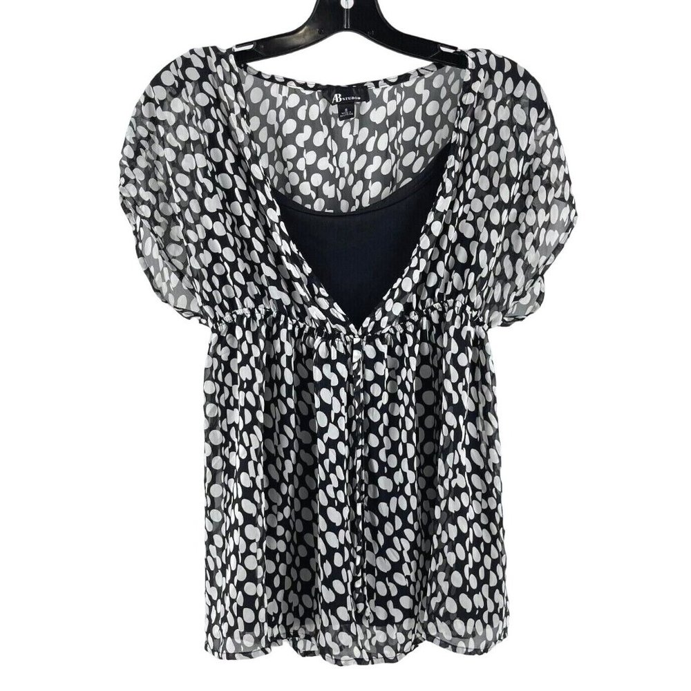 AB Studio Women's Black White Sheer w/ Tank Top Shirt Small Casual Short Sleeves